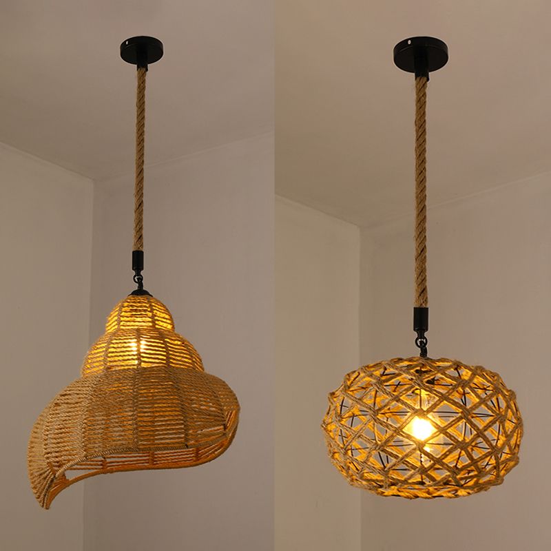 Hand-Woven Hemp Rope Pendant Country Style 1 Head Dining Room Suspension Light in Beige