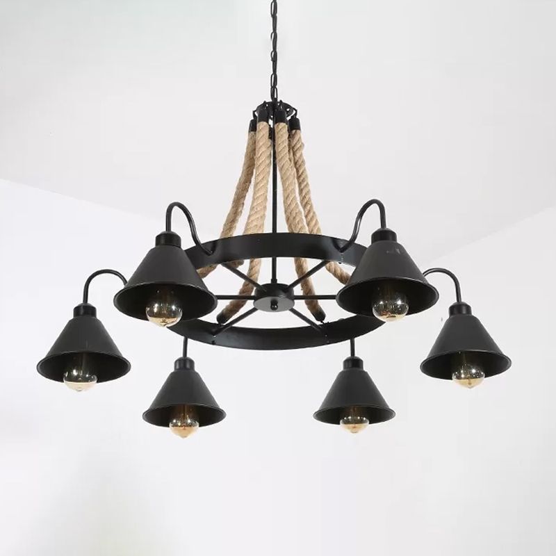 Wheel Restaurant Chandelier Lighting Loft Style Rope 6/8 Heads Brown Pendant Light with Cone Metal Shade