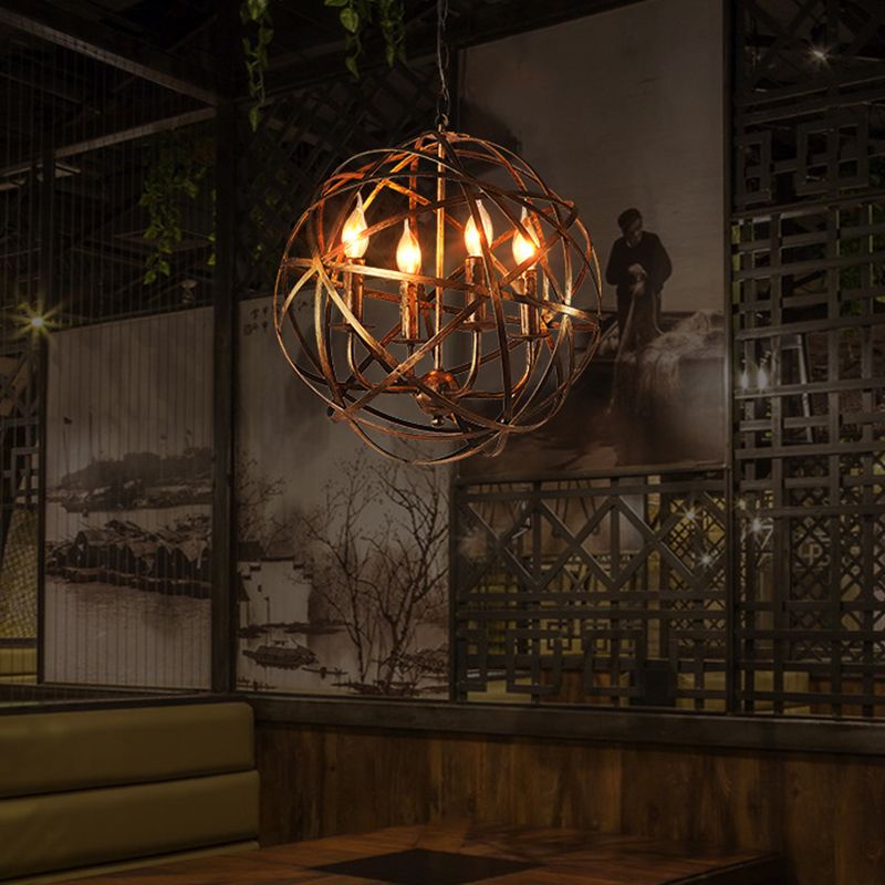 4 Lights Metal Pendant Ceiling Fixture Lamp Rustic with Globe Foyer and Hall Chandelier Lighting