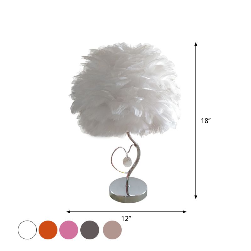 1-Light Bedroom Night Lamp Nordic Grey/Orange/Pink Table Light with Dome Feather Shade and Crystal Accent