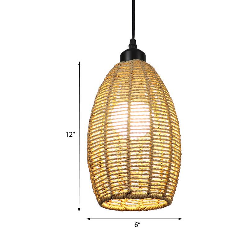 1/3-Light Restaurant Hanging Pendant Light with Oval Rattan Shade Asian Style Beige Ceiling Lamp, Round/Linear Canopy