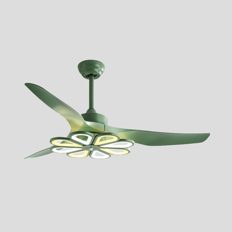 52" W Green Floral Pendant Fan Lighting Contemporary Acrylic Living Room 3 Blades LED Semi Flush Mounted Lamp