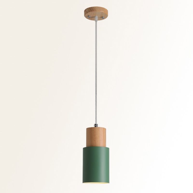 Tubular Bedside Pendant Spotlight Metal 1-Light Minimalist Hanging Lamp with Wooden Top