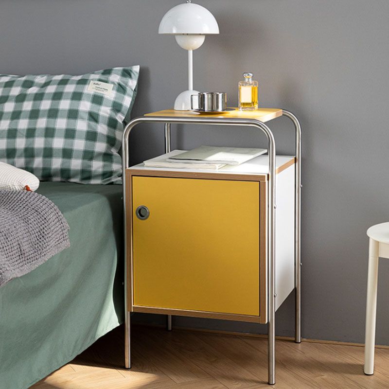 Contemporary Yellow Wooden Night Table with 1 Cabinet for Bedroom