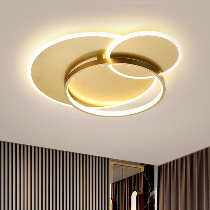 Crossed Ring Flush Mount Modernist Metal LED Gold Ceiling Fixture in Warm/White Light, 16.5"/21.5" W