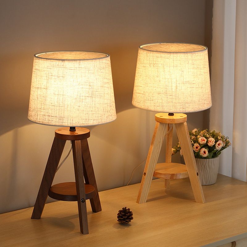 Simple Drum Table Lamp Fabric Single-Bulb Bedroom Night Table Light with Wooden Tripod