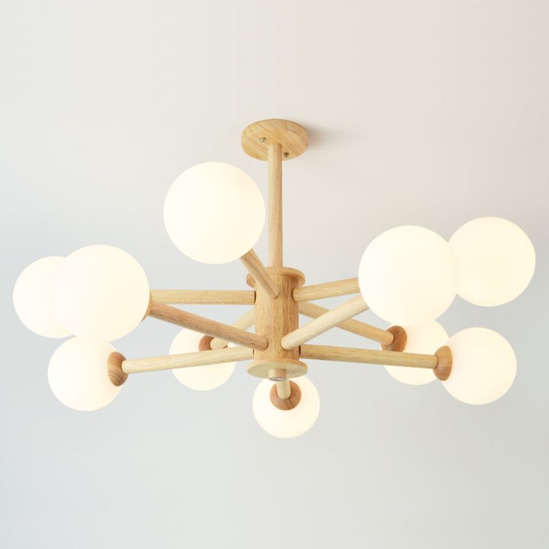 Béige en bois massif léger suspension simplicité moderne lampe à lustre à nuance en verre givré blanc pour chambre à coucher pour le salon