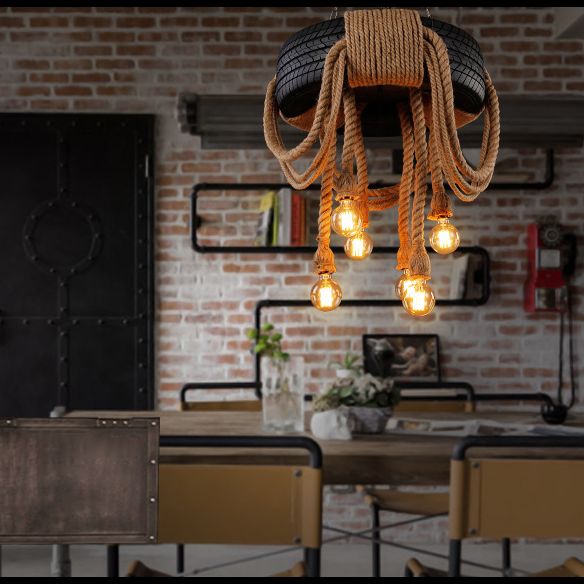 Vintage Industry Style Tire Modeling Hemp Rope Hanging Light 6-Lights Open Bulb Suspension Lighting Fixture for Cafe Shop