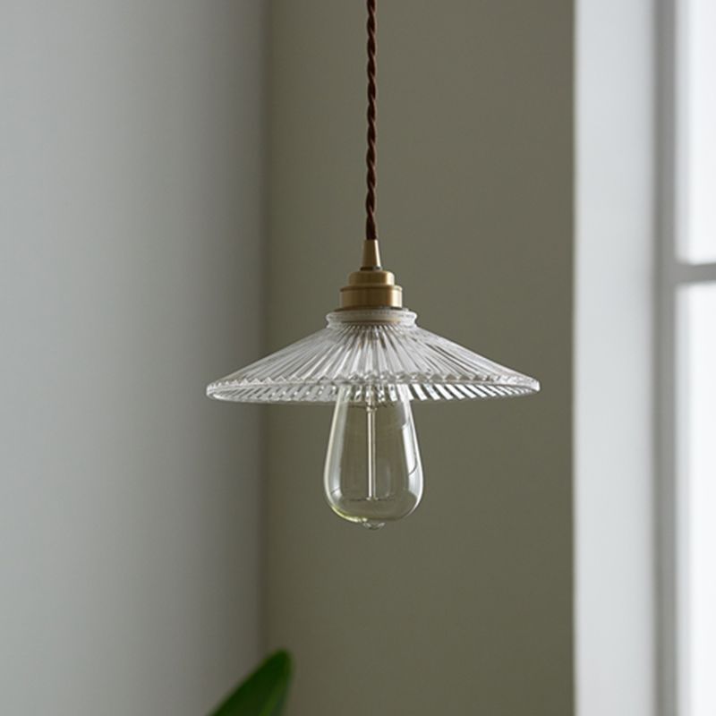 Industrial Style Brass Hanging Lamp Cone Shade 1 Light Fluted Glass Pendant Lamp for Restaurant