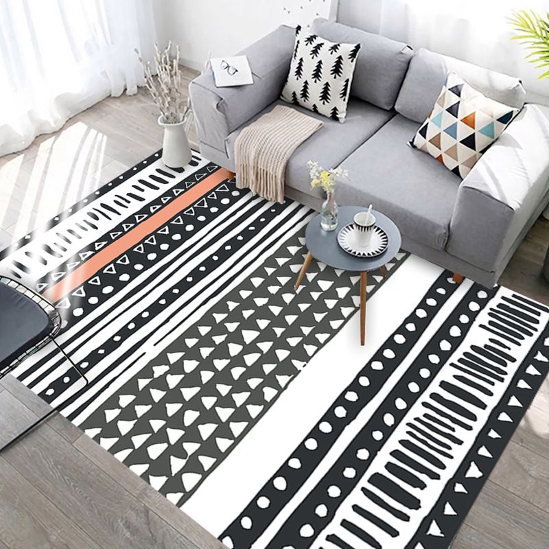 White Tone Living Room Carpet Retro Tribal Pattern Area Rug Polyester with Non-Slip Backing Rug