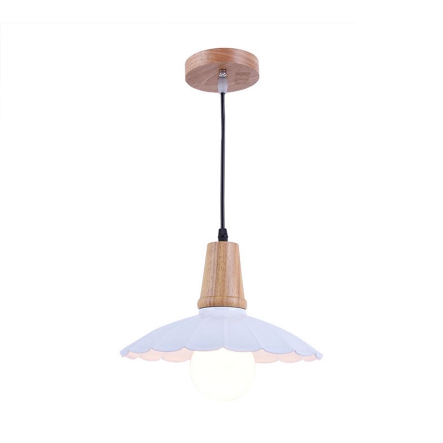 Scalloped Metal Hanging Light Fixture Industrial Single Head Bedroom Suspension Pendant with Wooden Cap in White/Black