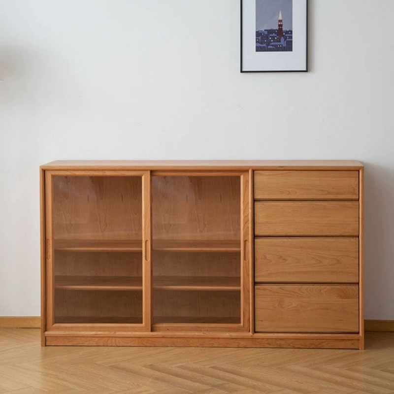 Modern Brown Glass Doors Sideboard Solid Wood Buffet Table with 4 Drawers