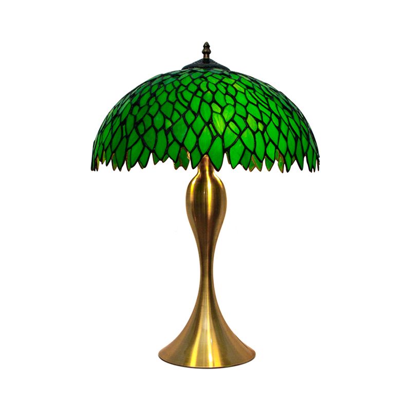 1 Light Leaf Dome Nightstand Lamp Tiffany Green Handcrafted Stained Glass Table Lighting