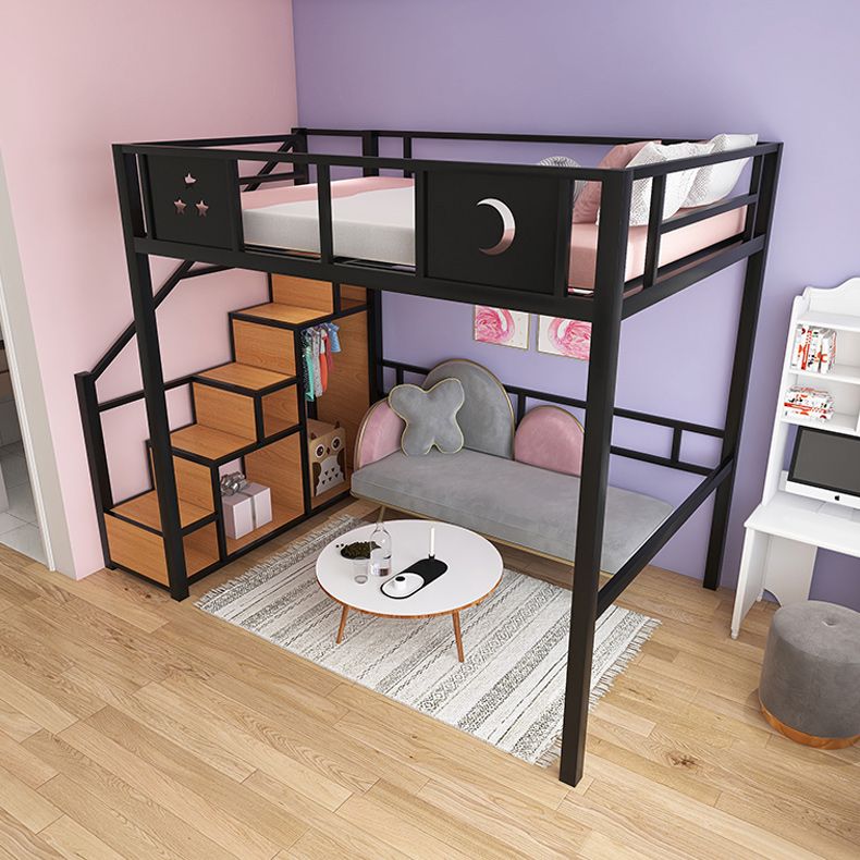 White/Black Loft Bed with Guardrail Metal Kids Bed with Staircase