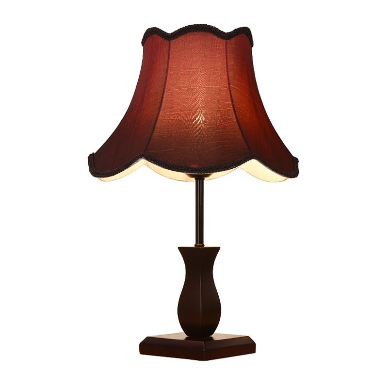 Single-Bulb Table Lighting Country Paneled Bell Scalloped Fabric Night Stand Lamp in Beige/Burgundy