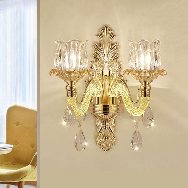 2-Light Wall Mounted Lighting Vintage Flower Bud Clear Carved Glass Wall Lamp Kit in Gold