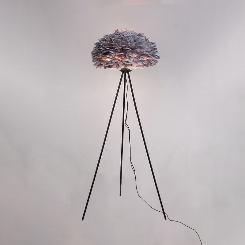 Dome Feather Floor Lamp Minimalist Single Grey/White/Pink Floor Light with Black/White/Gold Tripod for Bedroom