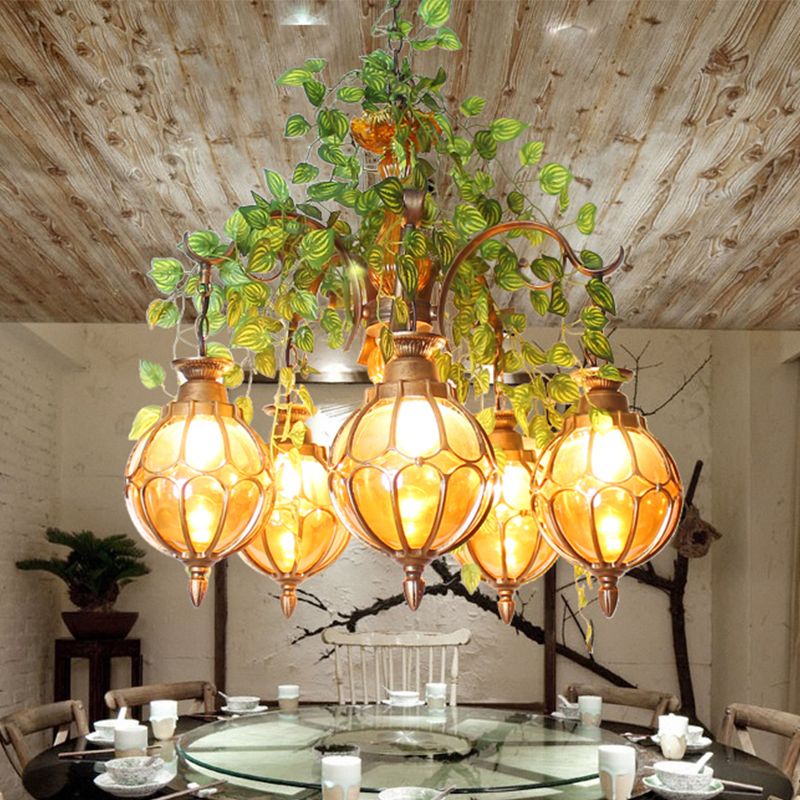 Amber Glass Brass Chandelier Light Ball 5/9 Lights Antique Plant Suspended Lighting Fixture for Dining Room