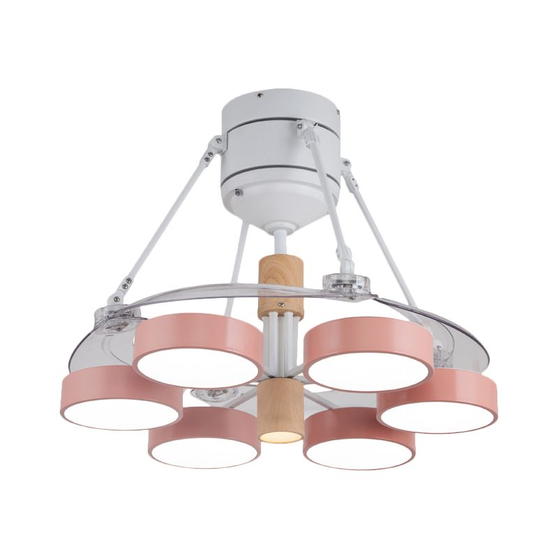 Simplicity Drum Pendant Fan Light Metallic 6-Head 48" W Drawing Room Close to Ceiling Lamp with 4 Clear Blades in Black/White/Pink