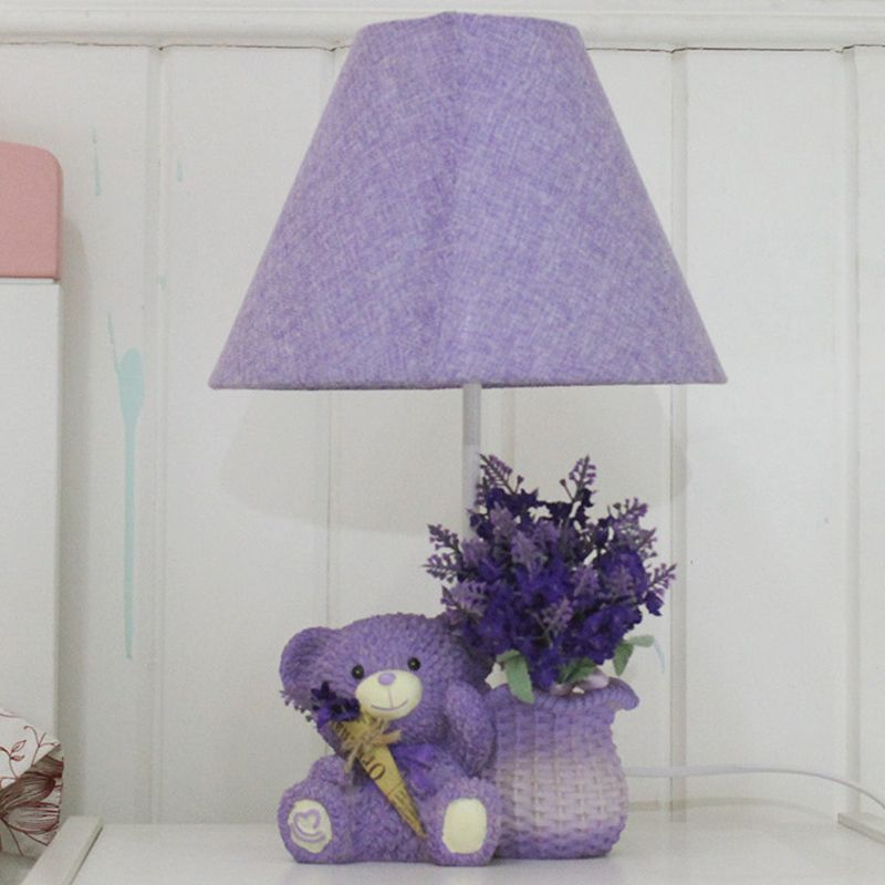 Kid Single-Bulb Nightstand Lamp Purple Tapered Table Light with Fabric Shade for Bedroom