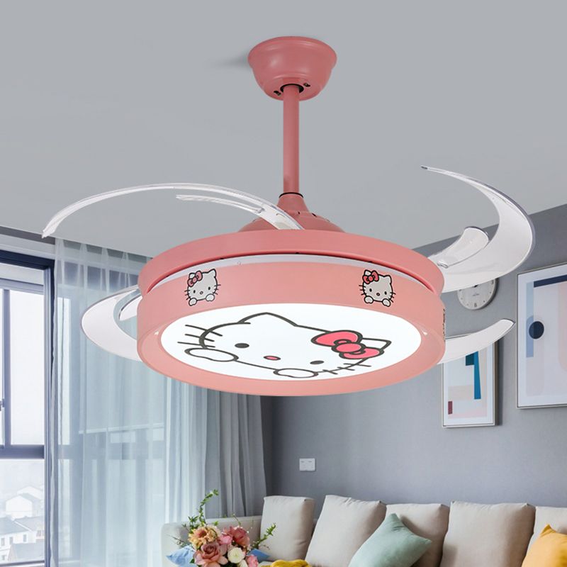 47" W Circle Pendant Ceiling Fan Light Kids Style Metal Living Room LED Semi Flush Mounted Lamp in Pink with 4 Clear Blades