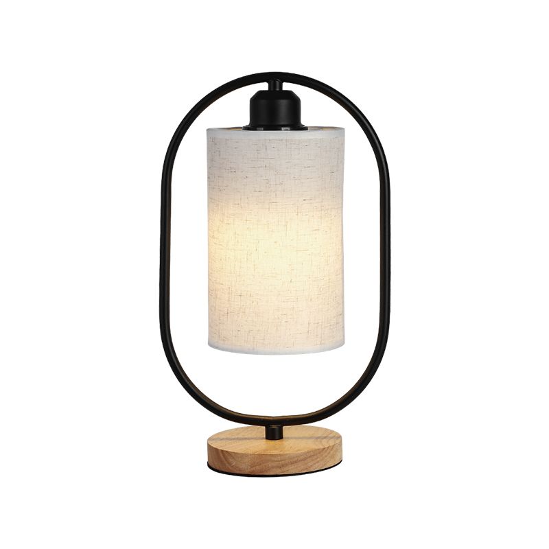 Column Plug In Nightstand Lighting Modern Fabric 1-Light Bedside Table Light with Black/White Ellipse Frame and Wood Base