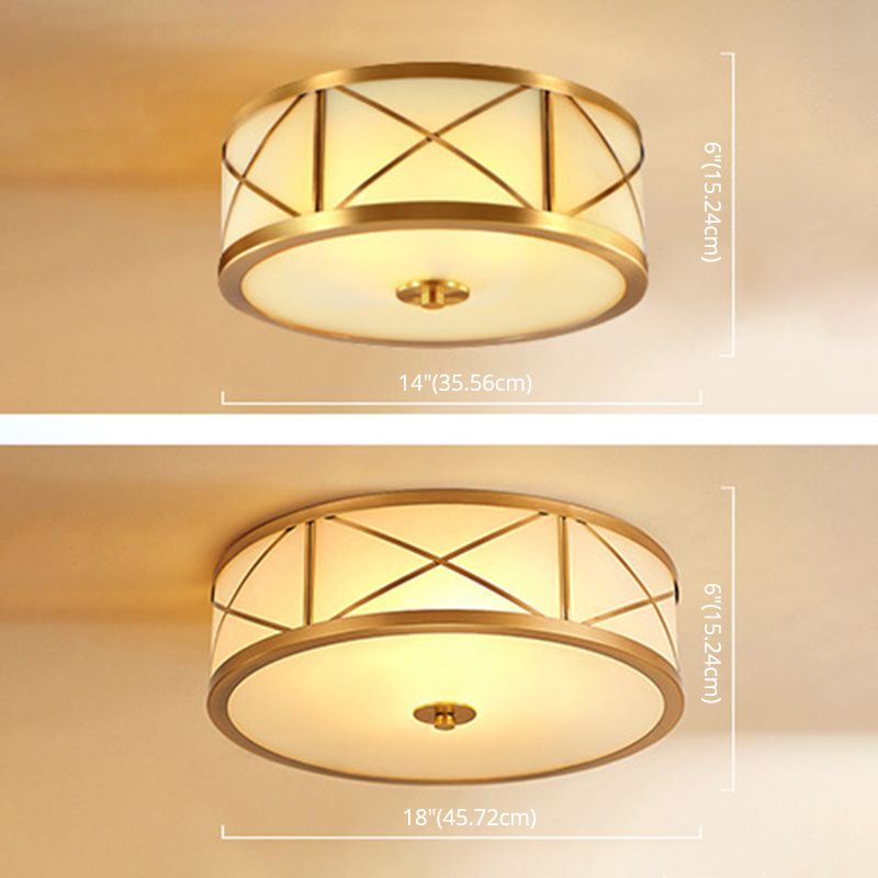 Frosted White Glass Flush Light Colonial Brass Drum Shaped Bedroom Ceiling Light