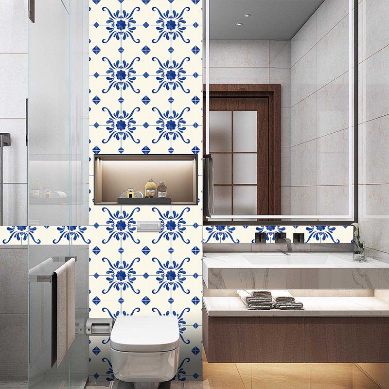 Chinoiserie Floral Wallpaper Panel Set Blue Living Room Self-Adhesive Wall Covering, 8.6-sq ft (20 Pcs)