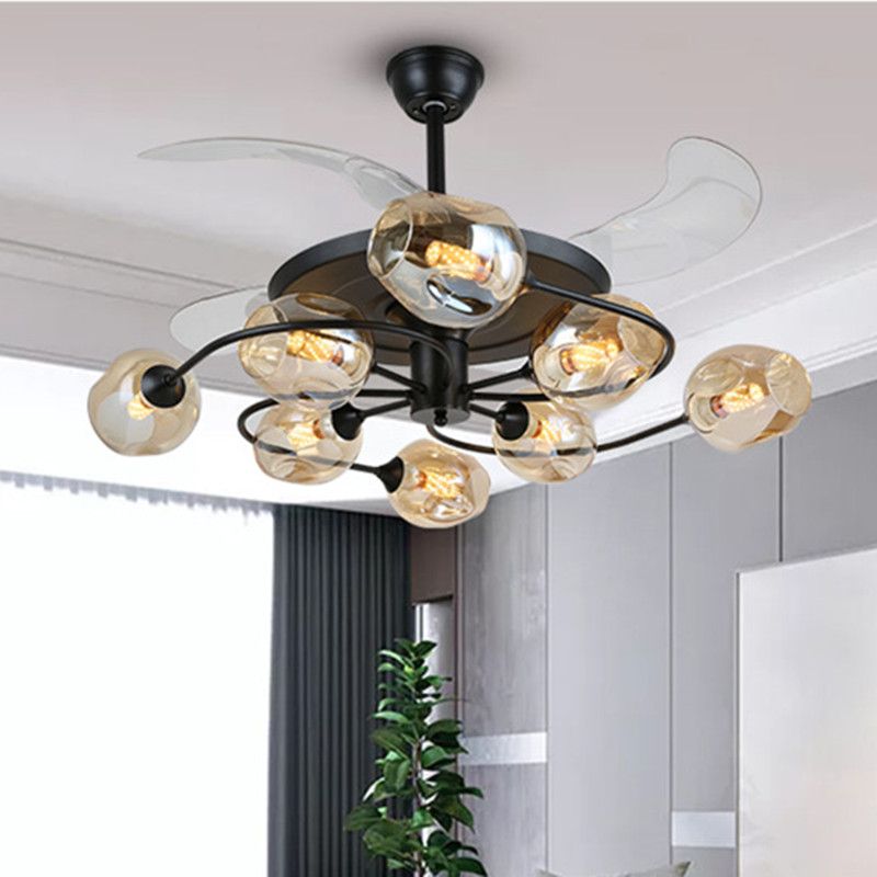 42" W 4-Blade Retro Ceiling Fan Lighting Floral Swirl Remote Control Semi-Flush Light with Cup Glass Shade