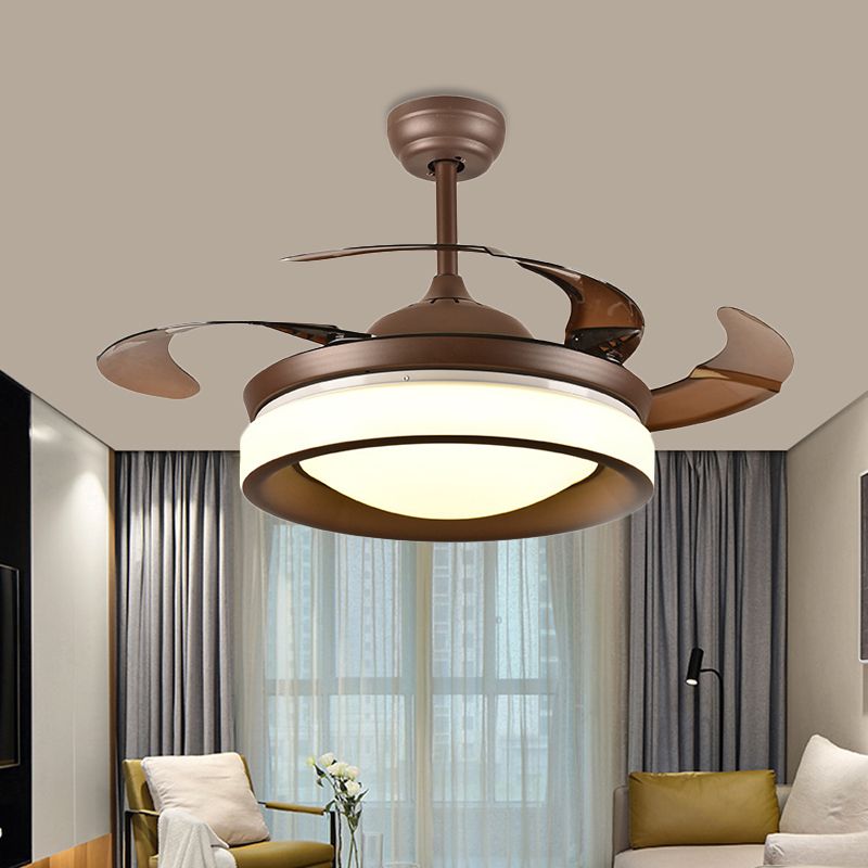 Coffee Round Hanging Fan Lamp Modernism Metal 42" W LED Living Room Semi Flush Light with 4 Brown Blades