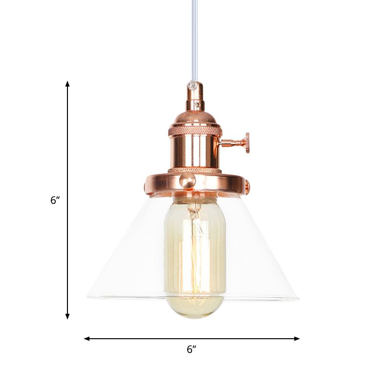 Conical Hanging Light Fixture Vintage Style Amber/Clear Glass and Metal 1 Head Kitchen Pendant Lamp in Black/Bronze/Brass