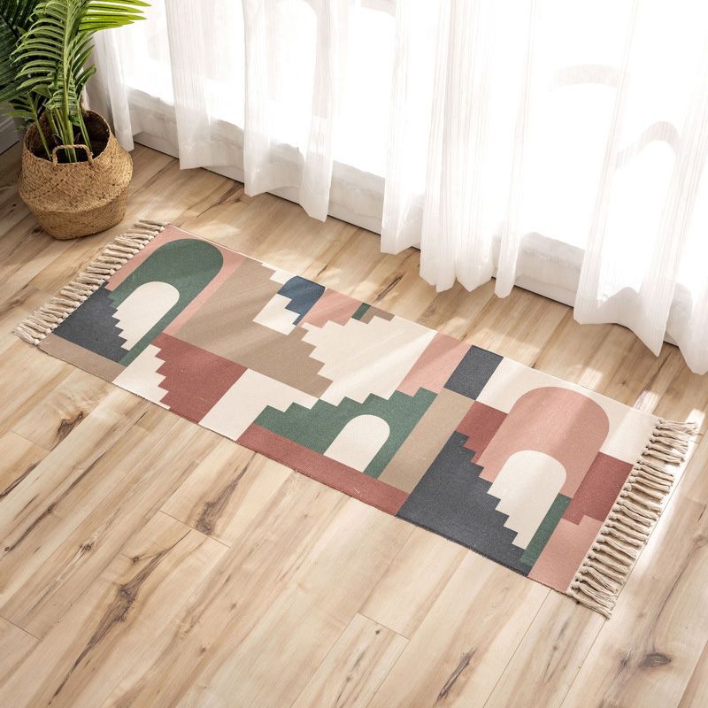 Nostalgia Tribal Pattern Rug Multi Colored Synthetics Area Rug Pet Friendly Easy Care Carpet with Fringe for Bedroom