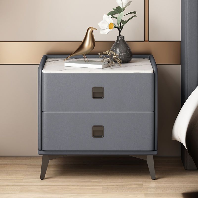 Contemporary Accent Table Nightstand Stone Night Table with 2 Drawers