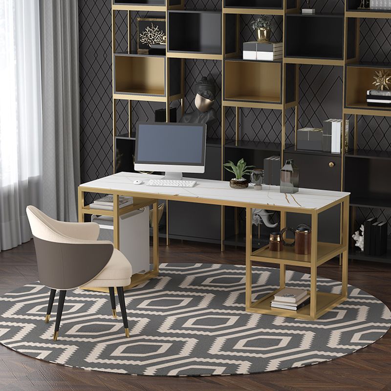 Glam Style Stone Writing Desk Metal Office Desk with Storage Shelves