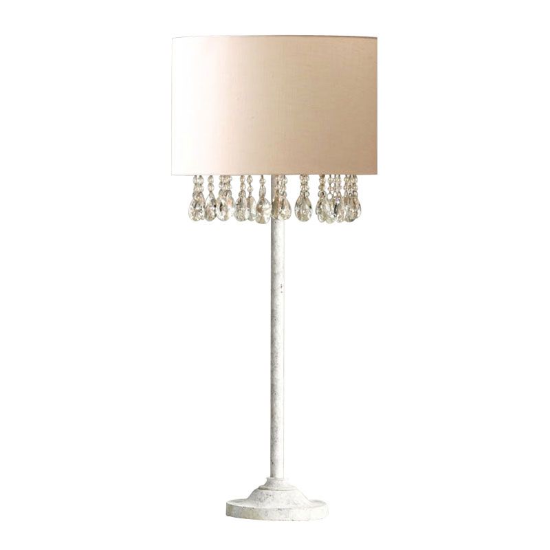 Fabric Drum Table Light Traditional 1 Bulb Bedroom Nightstand Lighting with Crystal Accent in White