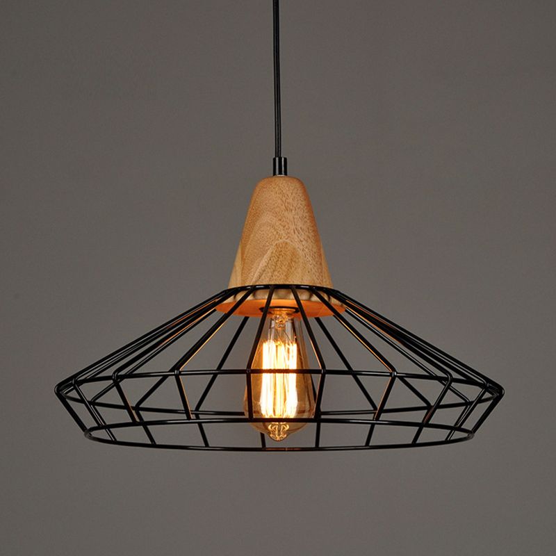 Black Cage/Barn/Pot Shaped Pendant Rustic Iron 1 Bulb Restaurant Hanging Ceiling Light with Wood Socket