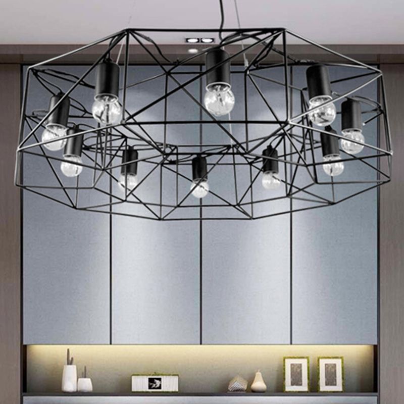 Negro Geométrico Pargente Iluminación Farmhouse Clear Glass Chandelier de sala de estar de 10 luces con jaula