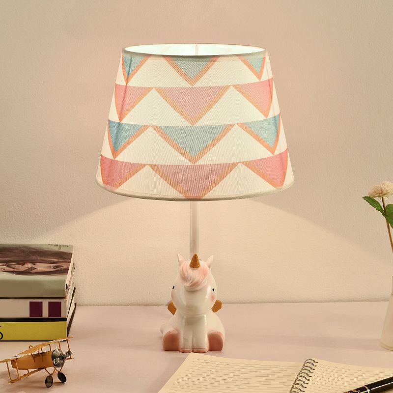 Fabric Cone Reading Lamp Cartoon 1 Light White/Pink/Blue Table Light with Rainbow Unicorn Base