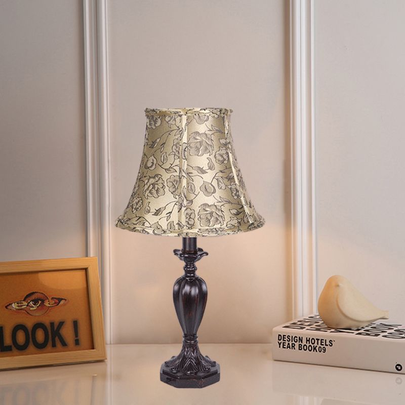 Fabric Beige Nightstand Lamp Bell Shade 1 Light Antiqued Flower Patterned Table Light with Resin Font Design