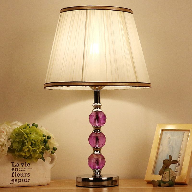 1 Head Flare Table Lamp Contemporary Fabric Desk Light in White with Purple Crystal Ball