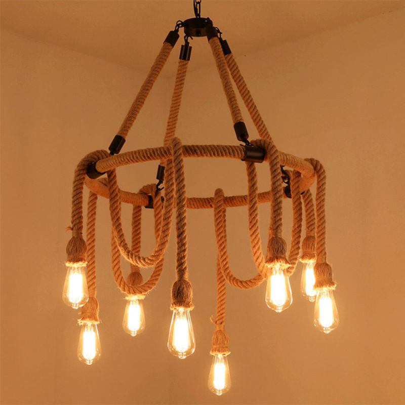 Industrial Chandelier Bare Bulb Manila Rope Vintage Room Light Shop Light