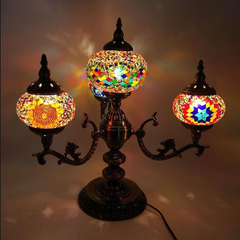 Bohemia Oval Nightstand Light 4 Bulbs Stained Glass Night Table Lighting in Red/Yellow/Orange for Bedroom