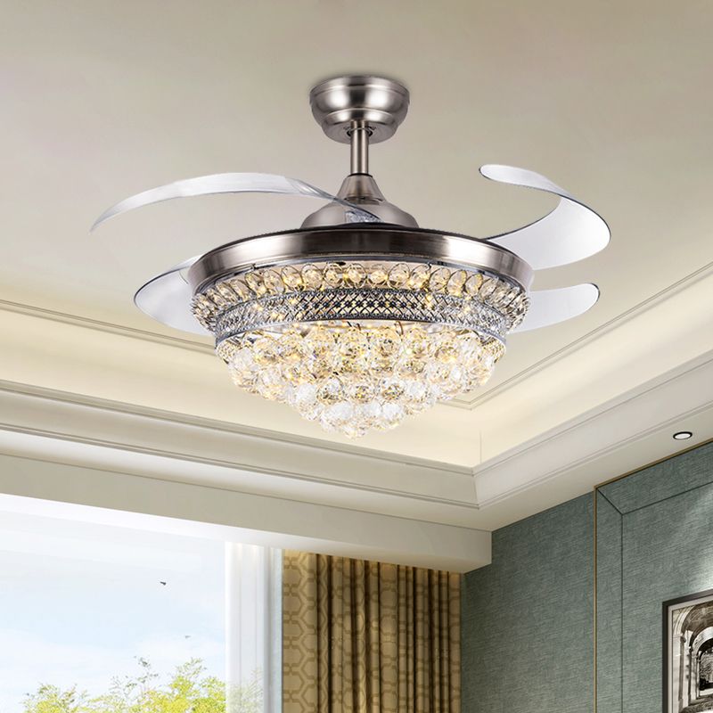 19.5" W LED 4-Blade Crystal Pendant Fan Lighting Modernist Silver Cone Living Room Semi Flush