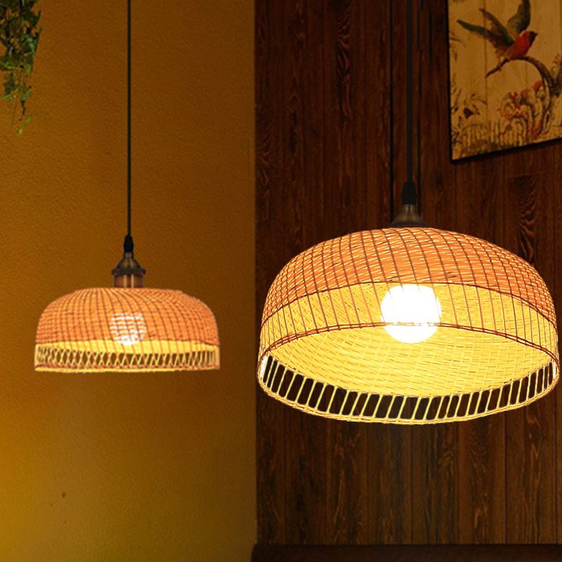 Wood Dome Suspension Pendant Contemporary Bamboo 1 Bulb Hanging Light Fixture