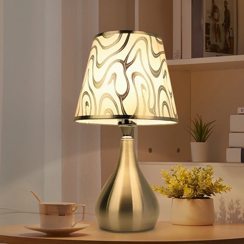 Tapered Table Light Modern Fabric Single Nickel Nightstand Lamp with Cloud/Geometric/Flower Pattern