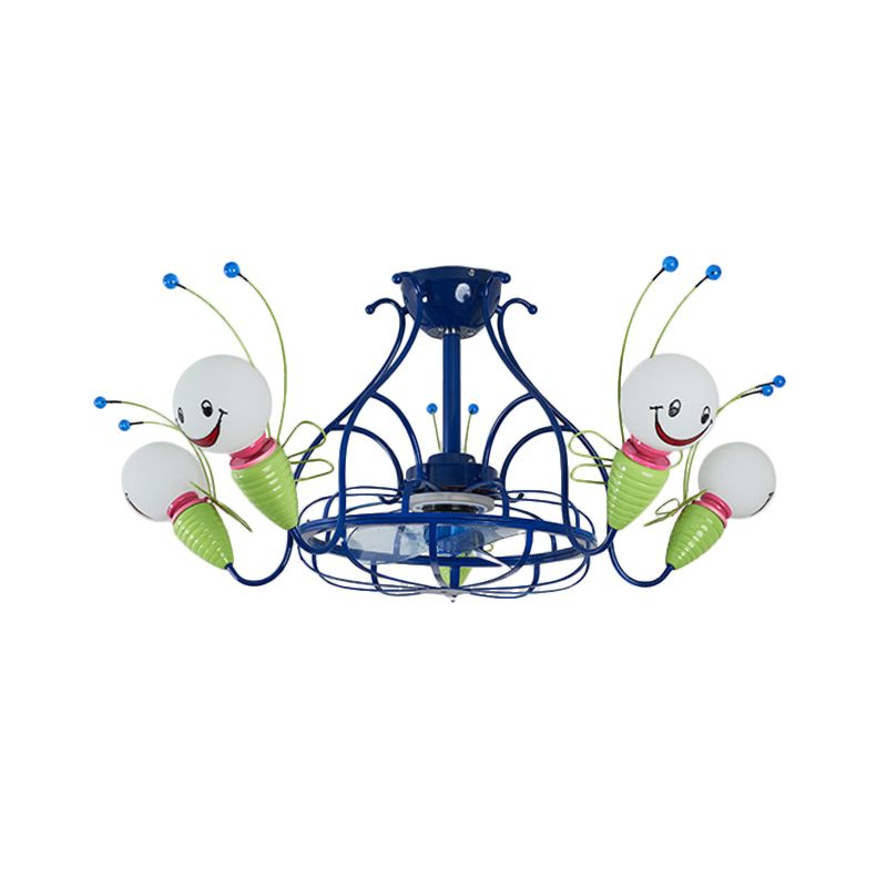 Luminaire de ventilateur de suspension radiale moderne 5 têtes Métalliques 3 lames semi-flush lampe en bleu pour chambre à coucher, 30 "de large