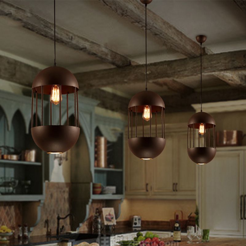 Black Oval Cage Pendant Lamp Industrial Metal 1 Bulb Dining Room Hanging Light Kit