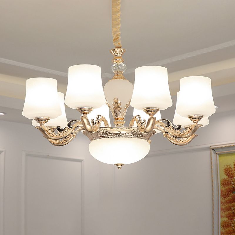 Retro Tapered Shade Chandelier Light White Glass Pendant Light Fixture for Living Room