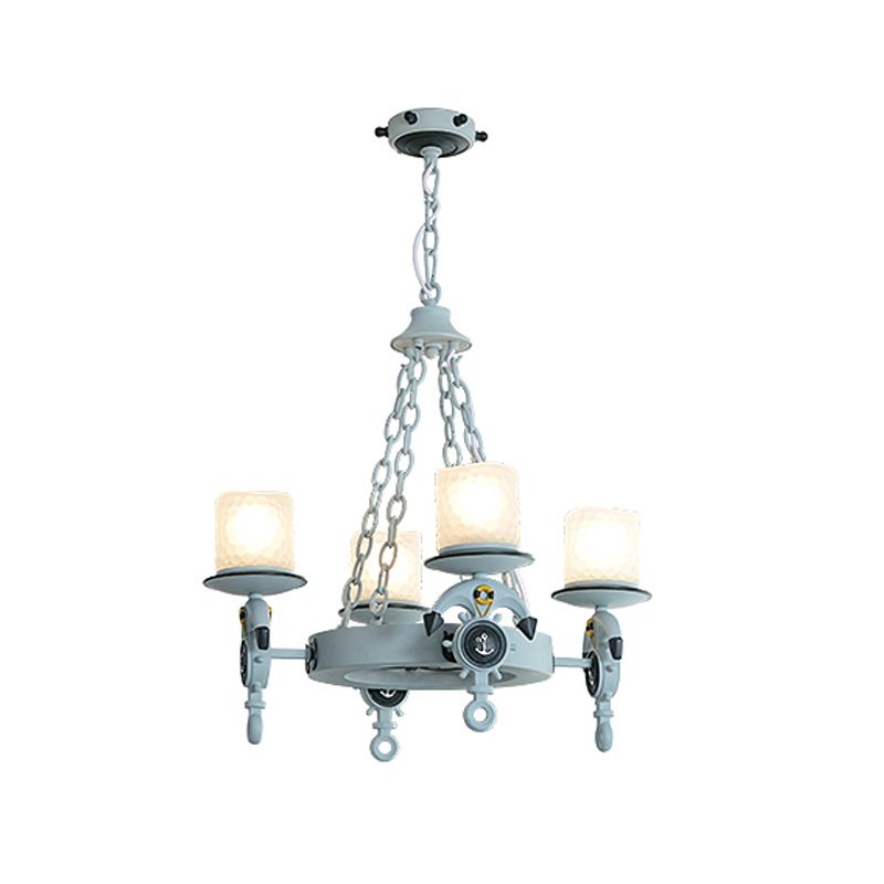 Anchor Suspension Light Modernism Resin 4 Lights Blue Pendant Chandelier with Cylindrical Dimpled Glass Shade