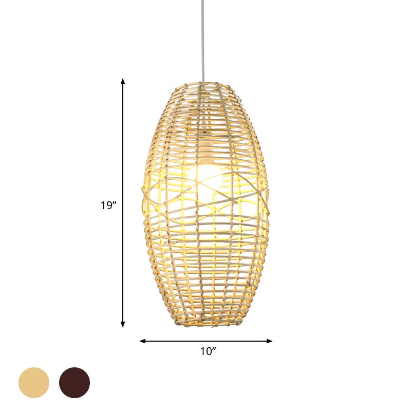 Beige/Brown Ellipse Hanging Pendant Rustic Woven Rattan 1-Light Suspended Lamp for Restaurant Cafe